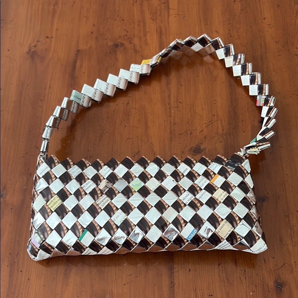 Black and White Woven Shoulder Bag with Geometric Design